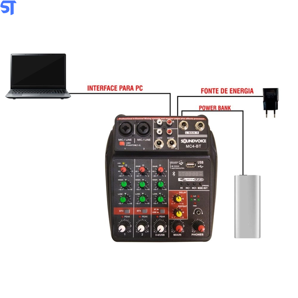 Mesa De Som Com Interface De Áudio Soundvoice Mc4-BT (Usb+bt)